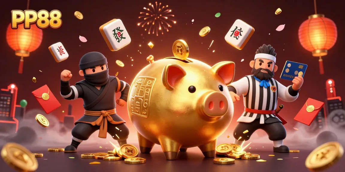 Experience the thrill of PP88 with a vibrant 3D casino scene featuring a piggy bank sumo wrestler.