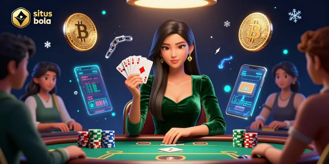 Situs judi bola illustration showcasing an Asian woman at a poker table, surrounded by Bitcoin and Ethereum coins.
