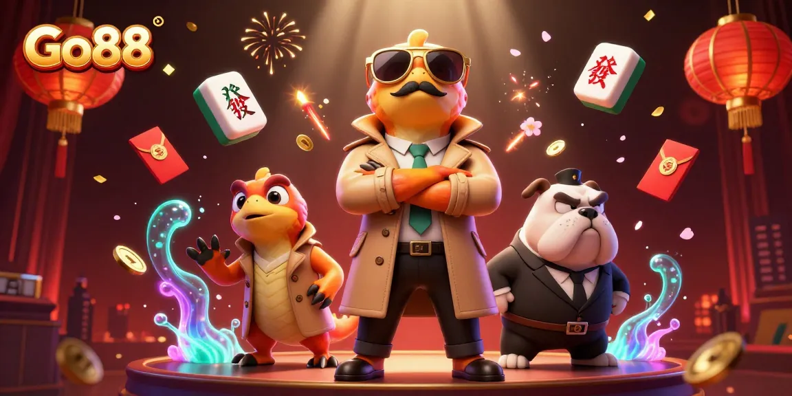 Experience thrilling gameplay at Go88 with raptors and a bulldog bouncer in a vibrant casino scene.