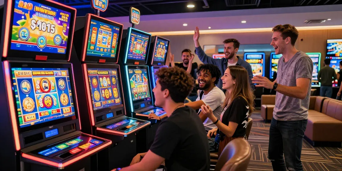 Teman-teman bersenang-senang di depan mesin slot modern sambil bermain slot