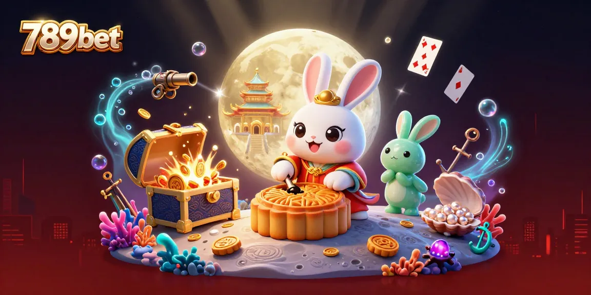 Engage with 789bet as a moon rabbit plays, revealing poker chips in a vibrant casino-themed scene.