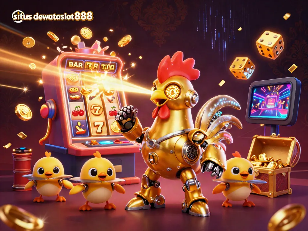 Slot jackpot di situs dewataslot888 menampilkan robot ayam emas futuristik dan drone anak ayam.