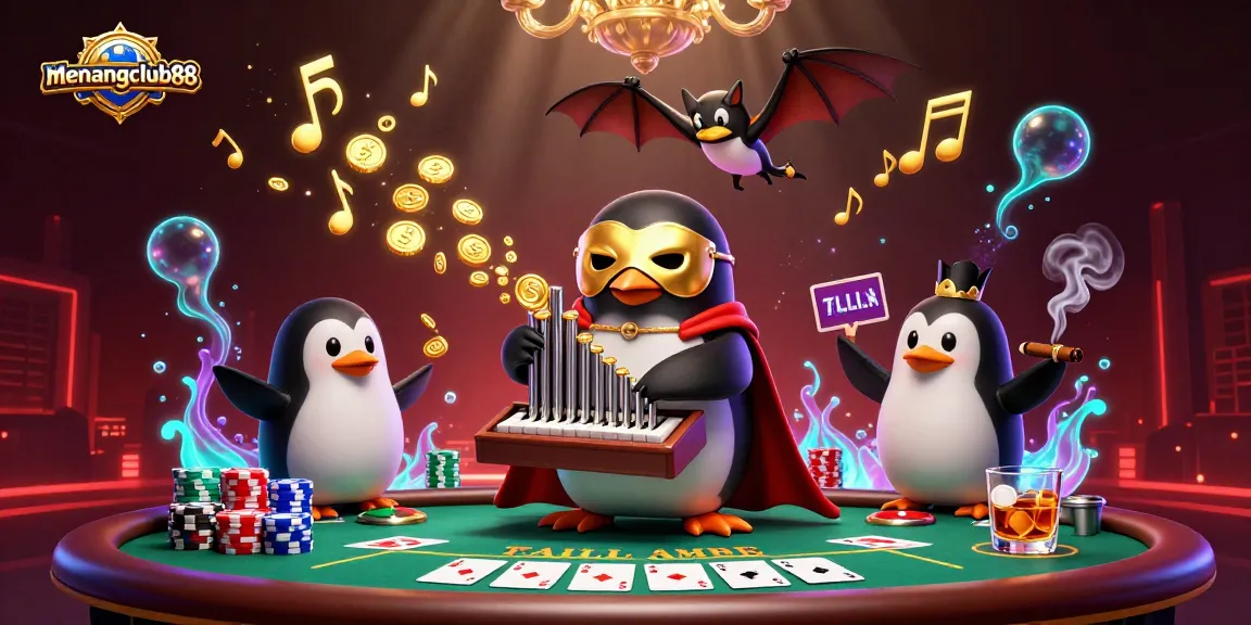 Experience thrilling wins at menangclub88 with a vibrant poker scene featuring a penguin playing an organ!
