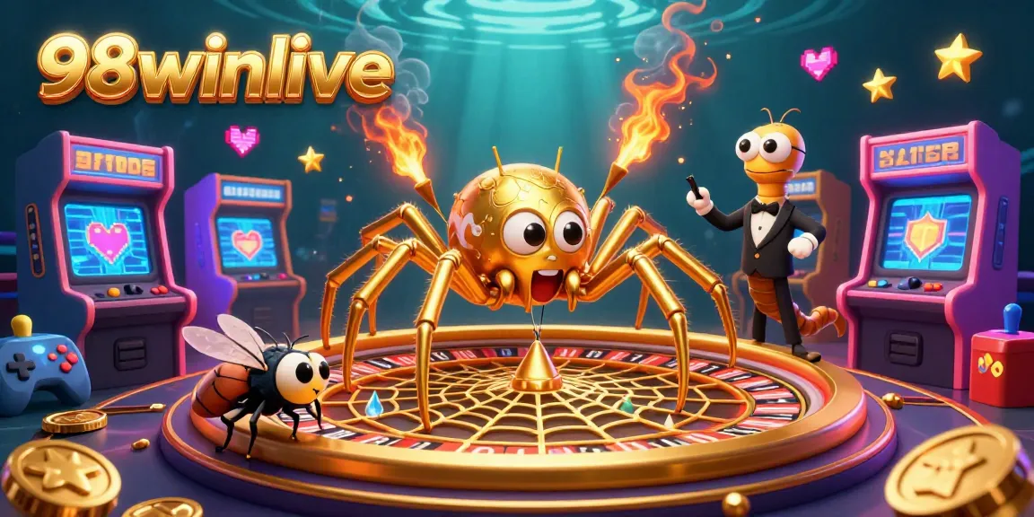 Experience the excitement of 98winlive casino games with a vibrant 3D illustration of a spider and a centipede croupier.