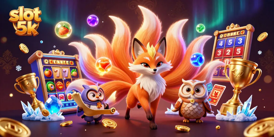 Spin the reels of slot 5k with vibrant characters and dynamic elements in this casino-themed illustration.