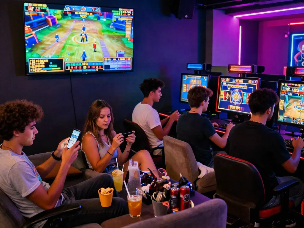 Exciting gaming scene with friends enjoying luxury12 slots in a vibrant lounge atmosphere.