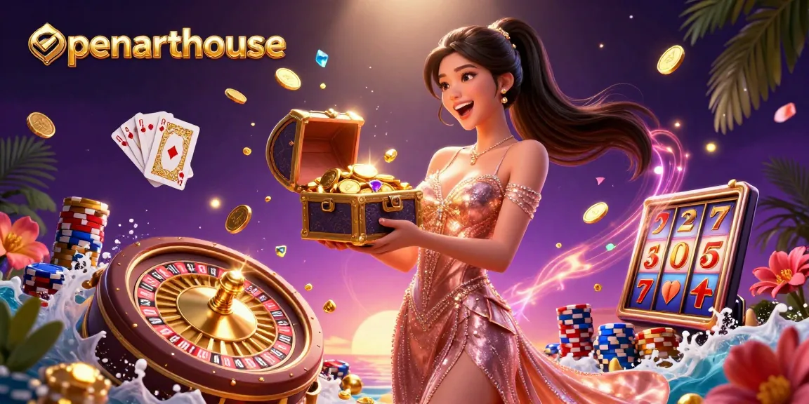 Experience openarthouse jackpots with a stunning treasure chest overflowing with winnings and vibrant casino elements.