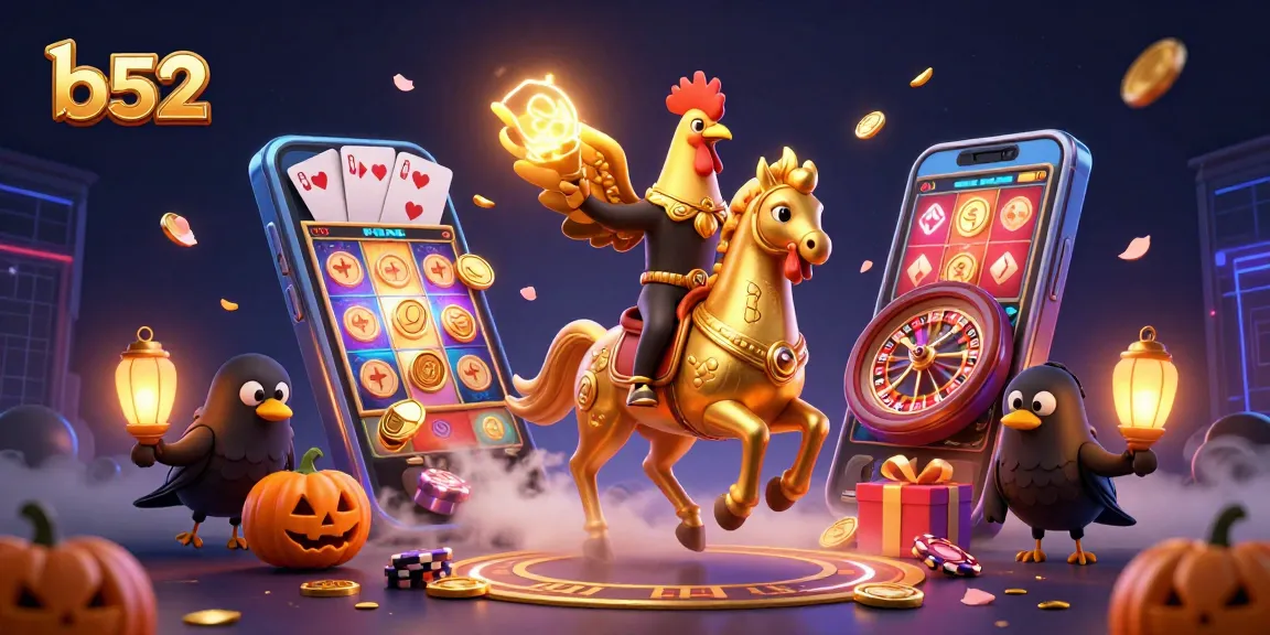Experience exciting gaming at b52 with a golden rooster riding a spectral horse amidst casino elements.