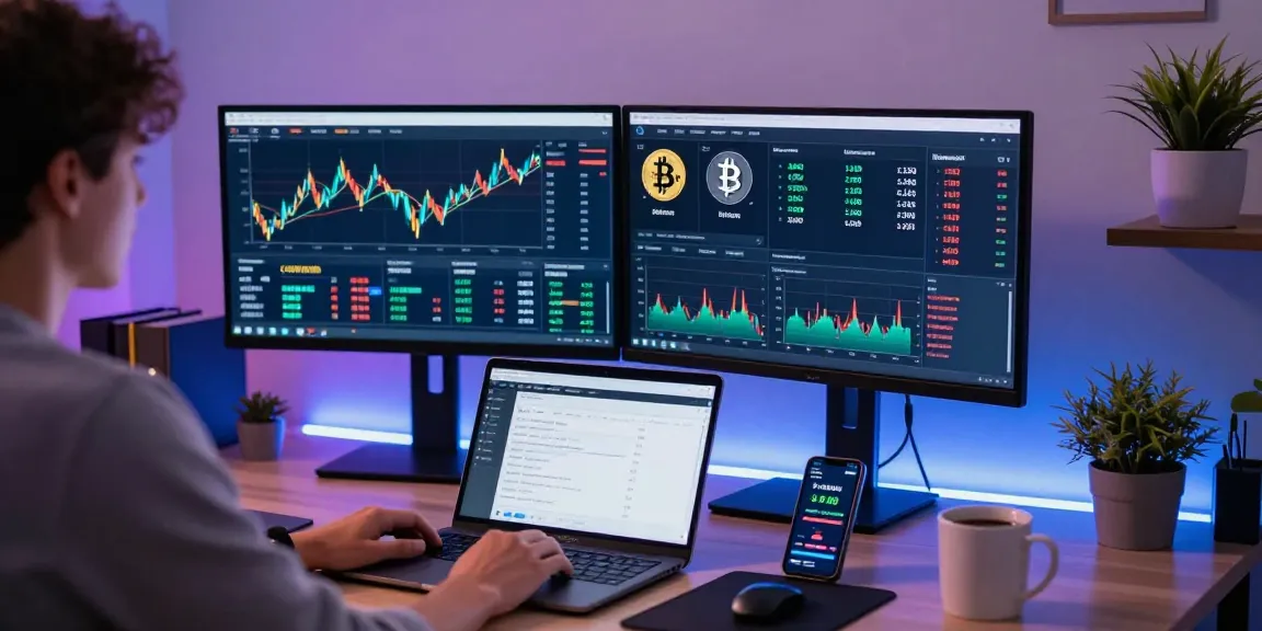 Play exchange dashboard displaying cryptocurrency prices and DeFi metrics in a modern trading setup.