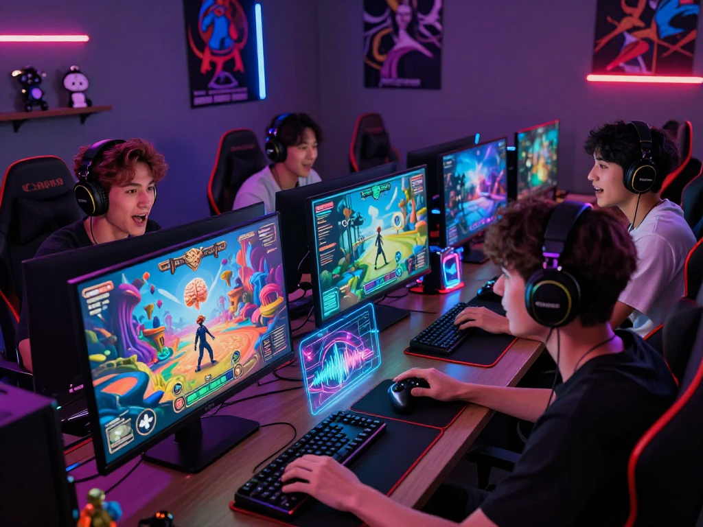 Engaging scene of gamers playing mind control porn games in a vibrant digital environment, showcasing diverse players and colorful graphics.
