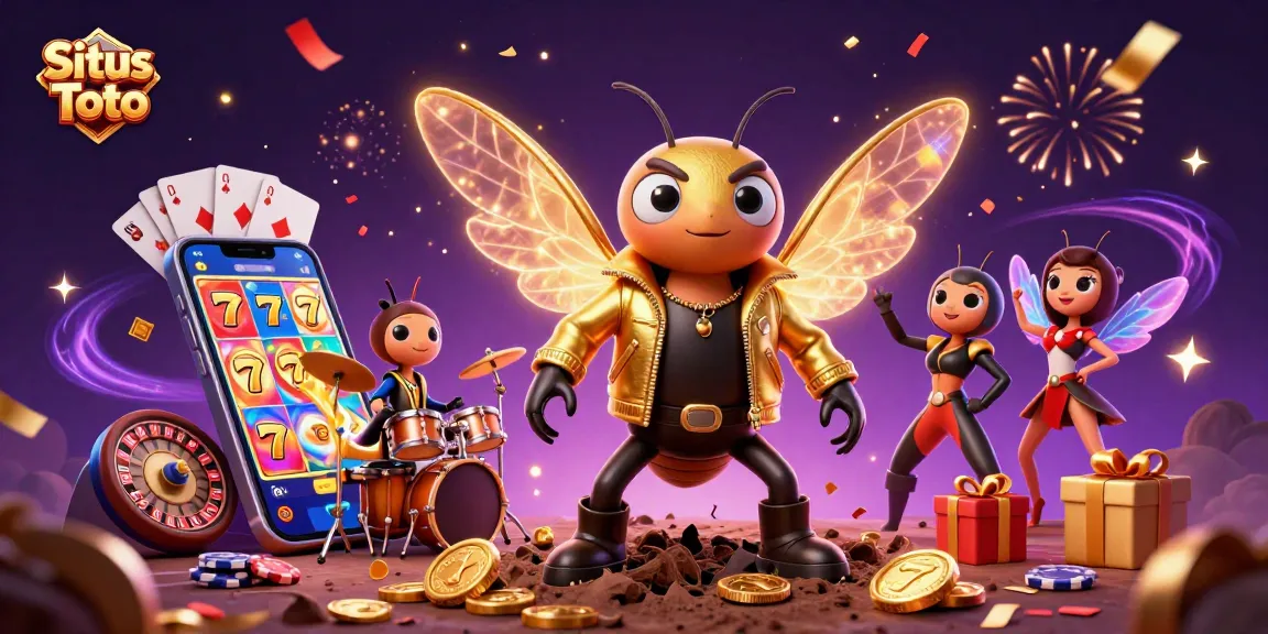 Situs Toto slot game excitement portrayed in a vibrant 3D scene full of animated characters and casino symbols.
