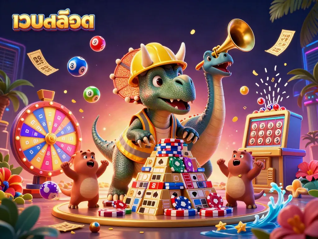 Win big with เว็บสล็อต as a cartoon triceratops builds a poker chip pyramid surrounded by colorful lottery elements.
