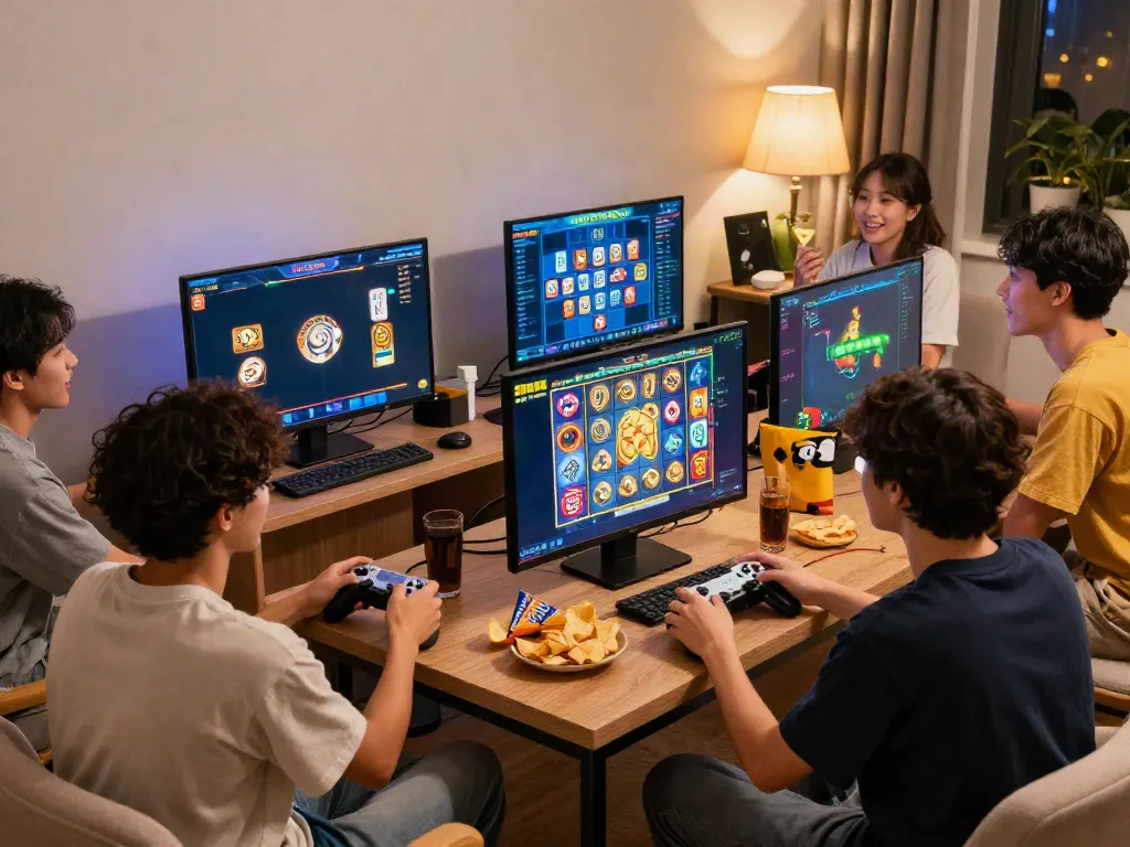 Permainan slot Mahjong yang menghibur dengan teman-teman di ruang bermain yang ceria dan nyaman.