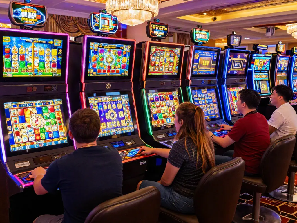 Engaging scene of players enjoying judi slot machines in a vibrant casino atmosphere.