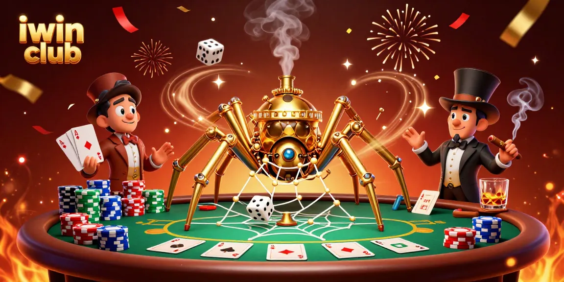 iwin club's vibrant 3D illustration showcases a steampunk golden spider amid poker elements.