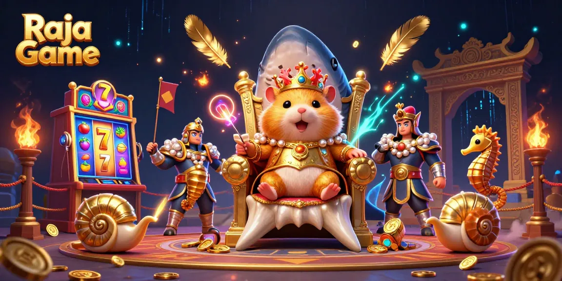 Engage with Raja Game as a fierce golden hamster king rules from a megalodon throne amidst vibrant slot machine action.