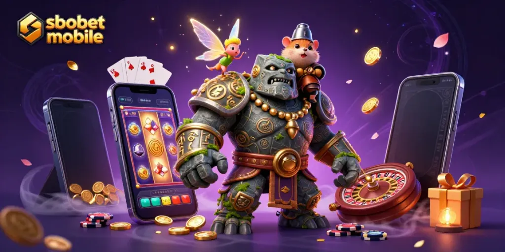 Experience sbobet mobile action with a fantasy scene of a golem guardian and a knight in a colorful casino.