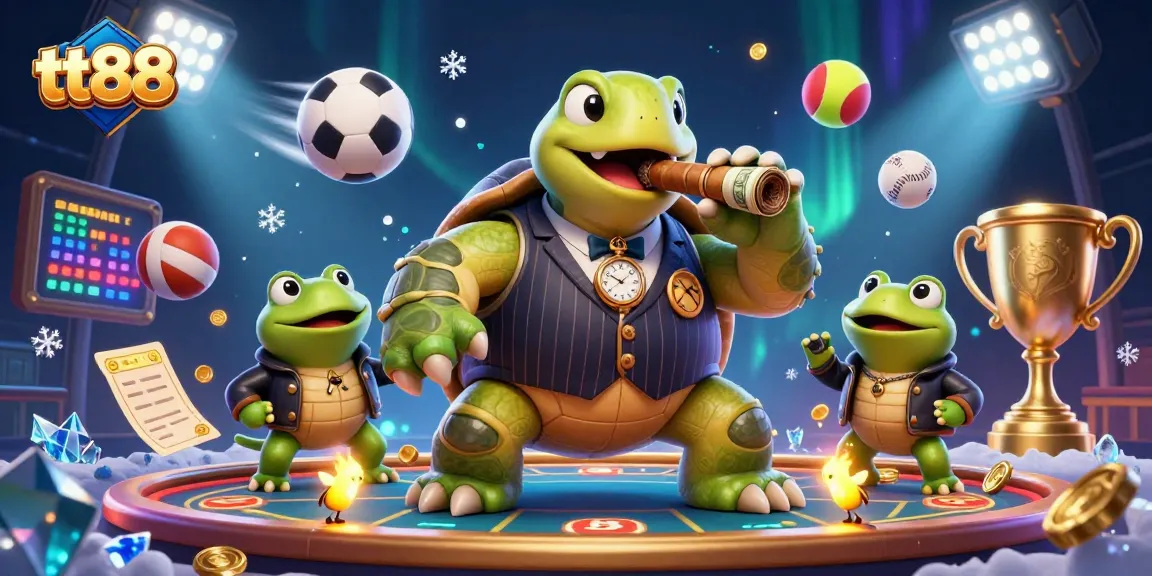 Experience thrills at tt88 with a lively scene featuring a snapping turtle in a mobster suit and sports elements.