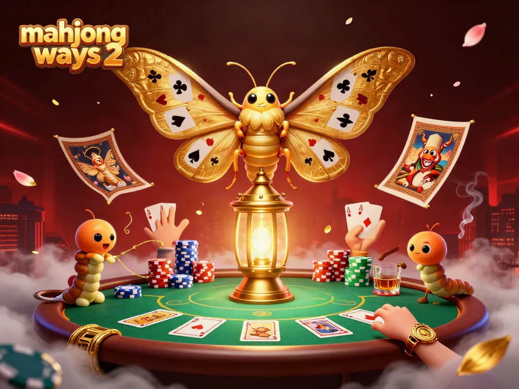 Play Mahjong Ways 2 with a 3D illustration of a golden winged moth amidst casino elements and vibrant decorations.