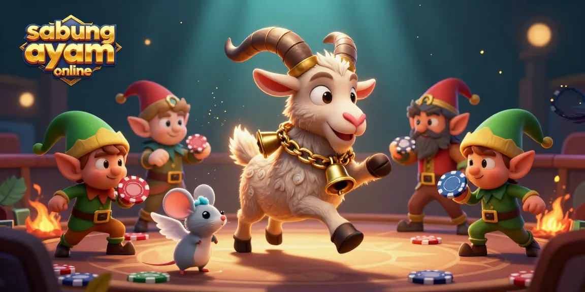 Sabung ayam online arena showcasing a Krampus goat, angel mouse, and elf gremlins amid dynamic gambling chaos.