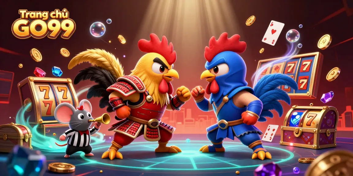 Experience the thrill at Trang chủ GO99 with stunning casino action featuring dynamic double rooster duel illustration.