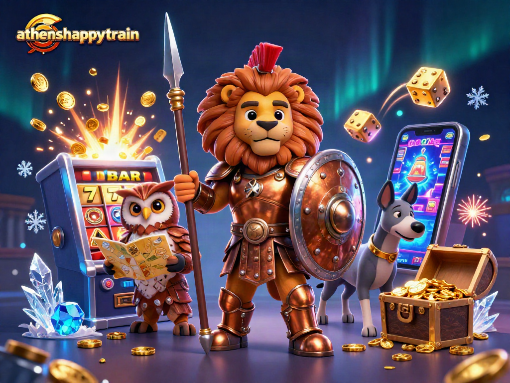 Engage with athenshappytrain's vibrant 3D scene featuring a jackpot explosion and dynamic casino elements.