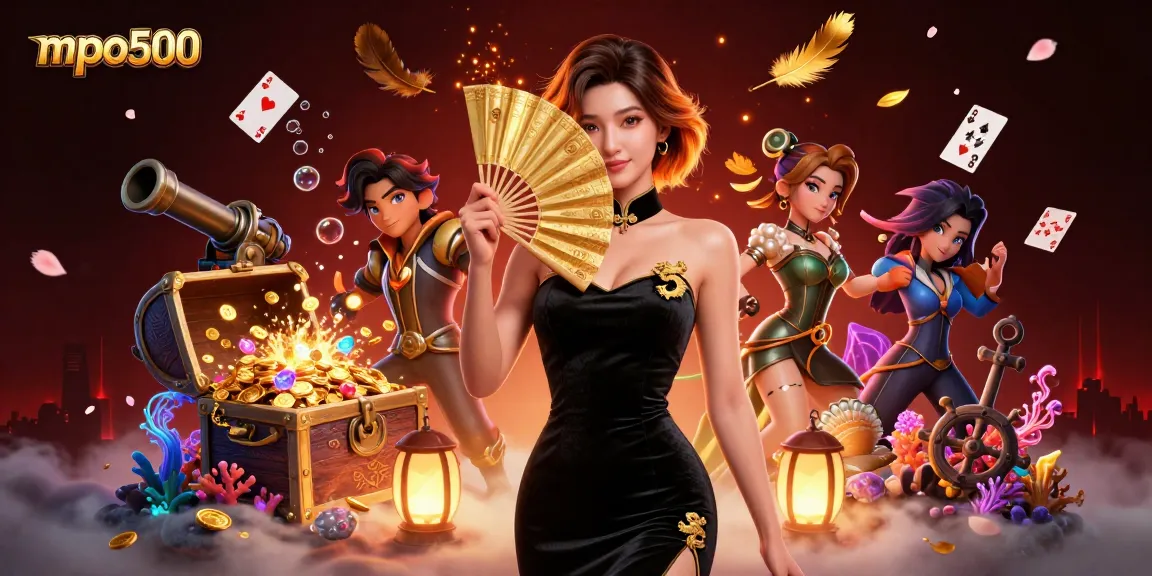 Win big with mpo500 casino, featuring a stunning Asian woman in elegant attire surrounded by vibrant game elements.
