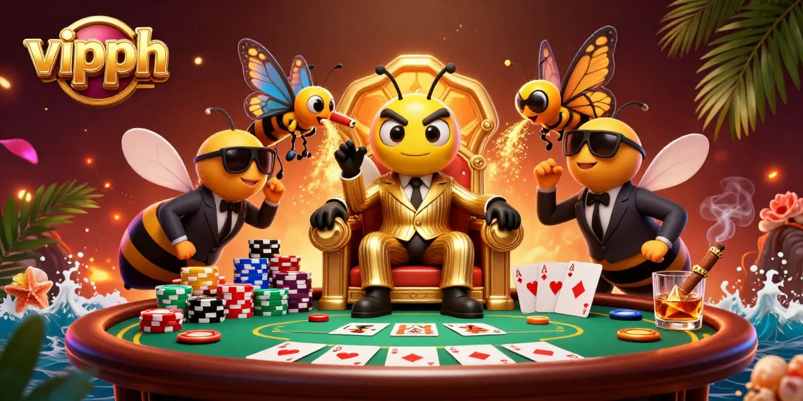 Engage in thrilling poker action at vipph, surrounded by vibrant 3D characters and dynamic casino elements.