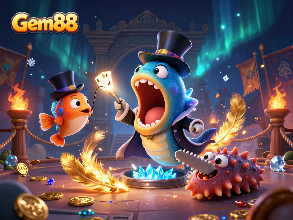 Gem88 features a bioluminescent gulper eel magician in a vibrant underwater casino scene.