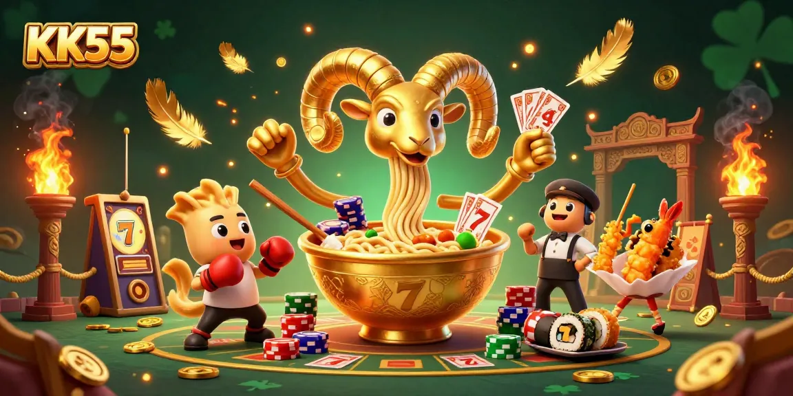 Experience the exciting KK55 casino with dynamic slots and animated characters in a vibrant illustration.