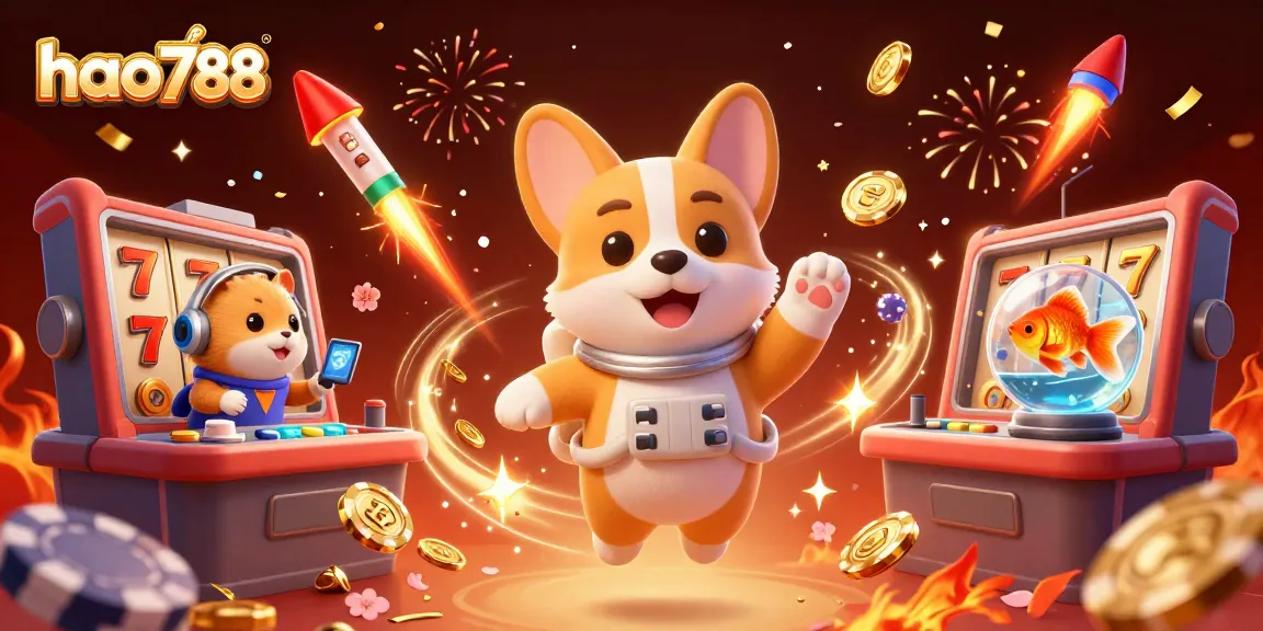 Memainkan slot di HAO788 dengan corgi astronot dan kasino luar angkasa yang penuh koin emas.