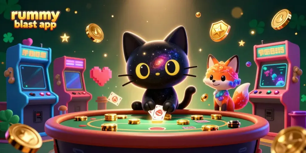 Engage with the thrilling rummy blast app in a vibrant casino scene with dynamic game elements.