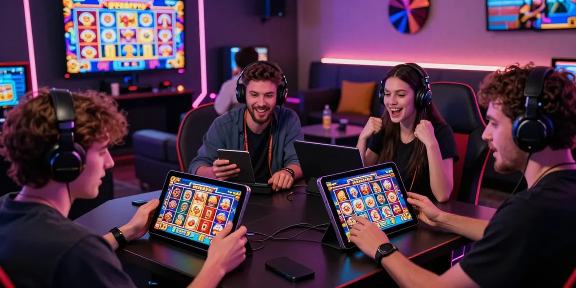 Players enjoying ทดลองเล่นสล็อตเว็บตรง in a modern gaming lounge with vibrant graphics.