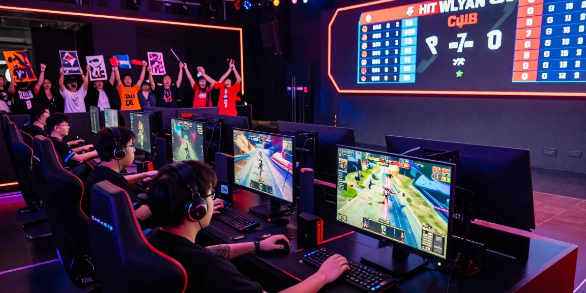 Hit club gaming players competing in a vibrant e-sports arena with cheering fans.