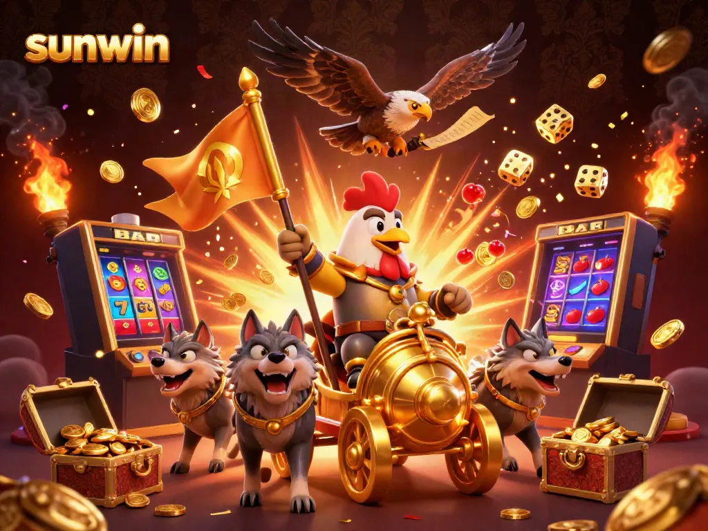 Experience sunwin's vibrant casino adventure with a rooster warlord and golden elements bursting with excitement.