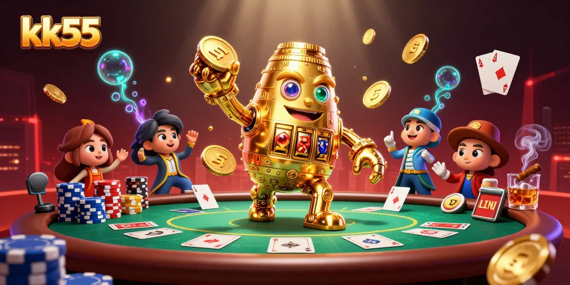 Experience kk55's dynamic gambling scene with golden golems, poker tables, and lively casino elements.