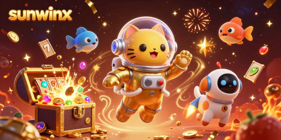 Play thrilling games at sunwinx with a space astronaut cat and treasures in a vibrant casino scene.
