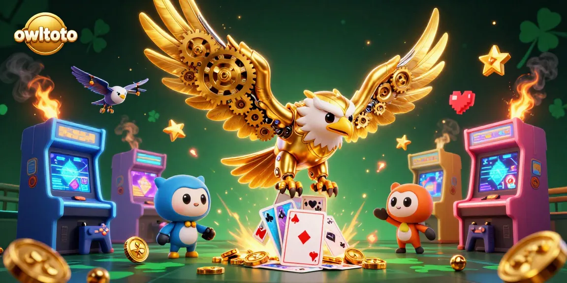 Engage with owltoto in an action-packed 3D scene featuring a golden eagle and casino elements.