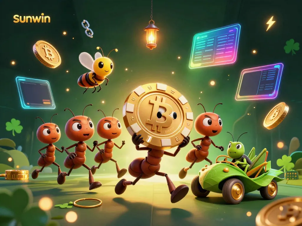 Experience the excitement of sunwin with a dynamic heist scene featuring cartoon ants and crypto elements.