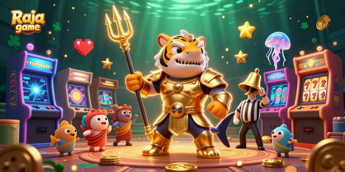 Participate in thrilling Raja game with a vibrant underwater scene featuring a tiger shark and arcade motifs.