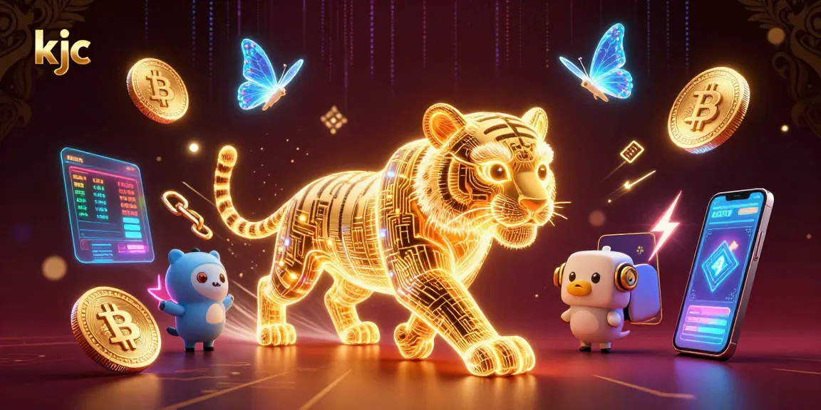 KJC captivates players with a neon-lit digital casino scene featuring a golden tiger and vibrant crypto elements.