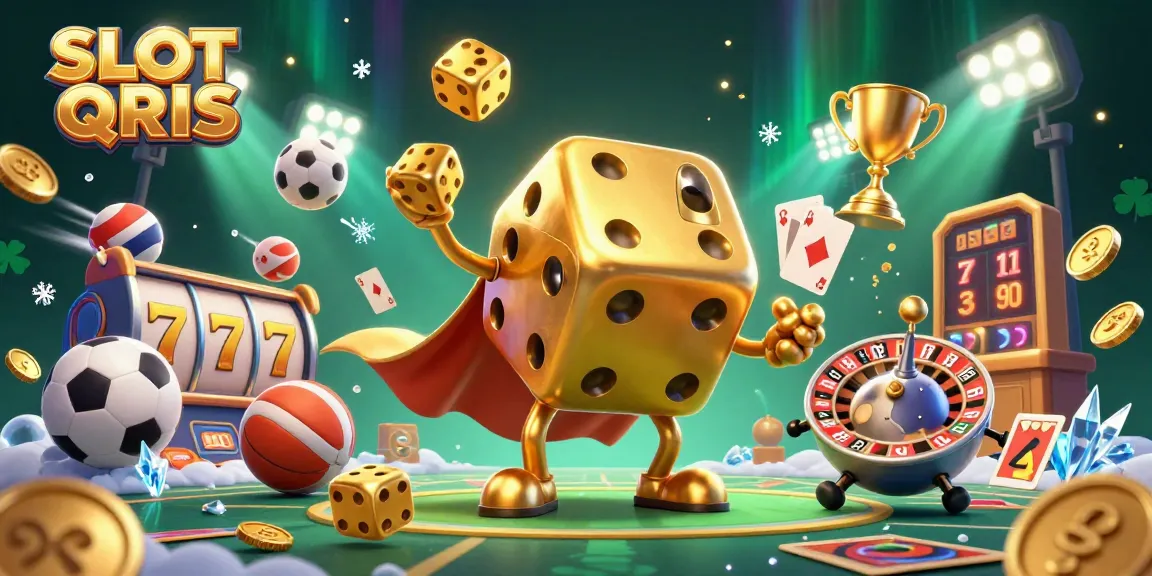 SLOT QRIS gaming illustration featuring a golden dice golem, juggling dice with dynamic slot game elements.