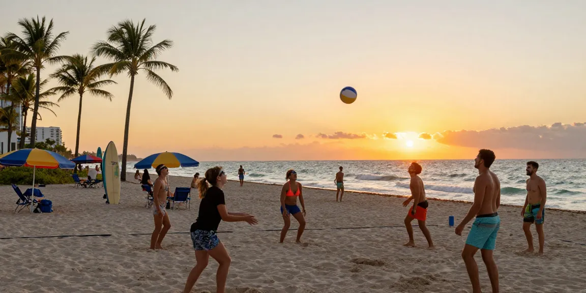 Aktivitas seru di pantai Miami sambil bermain voli, menunjukkan kebersamaan teman-teman di https://miami4d.com/.