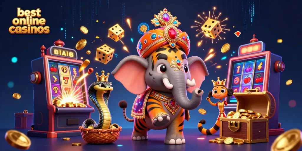 Experience the excitement of the best online casinos with a vibrant scene featuring a tiger maharaja and jackpot symbols.