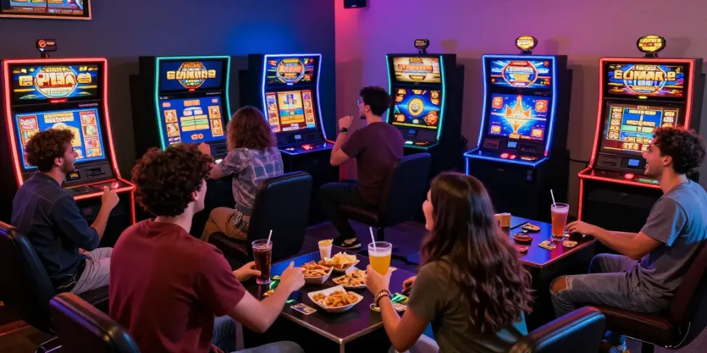 Exciting scene of friends enjoying ทดลองสล็อต gaming sessions with vibrant LED lights and slot game visuals.