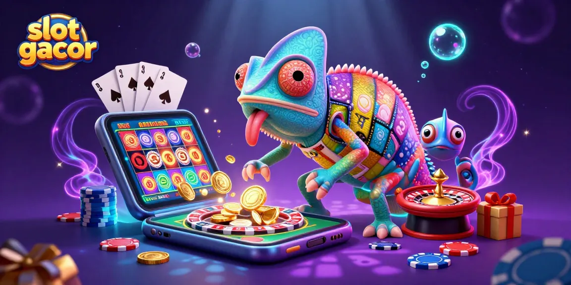 Play slot gacor in style with our colorful casino scene featuring dynamic characters and gaming elements.