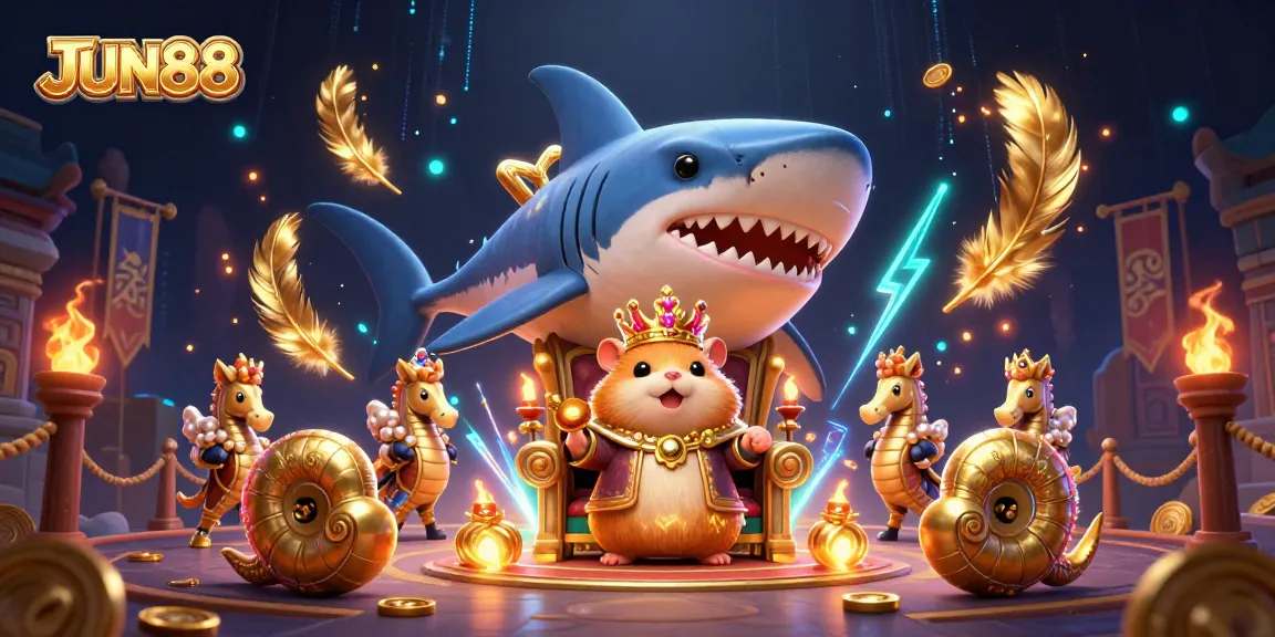 Join the battle at JUN88 with exciting slots and golden treasures in a vibrant 3D casino scene.