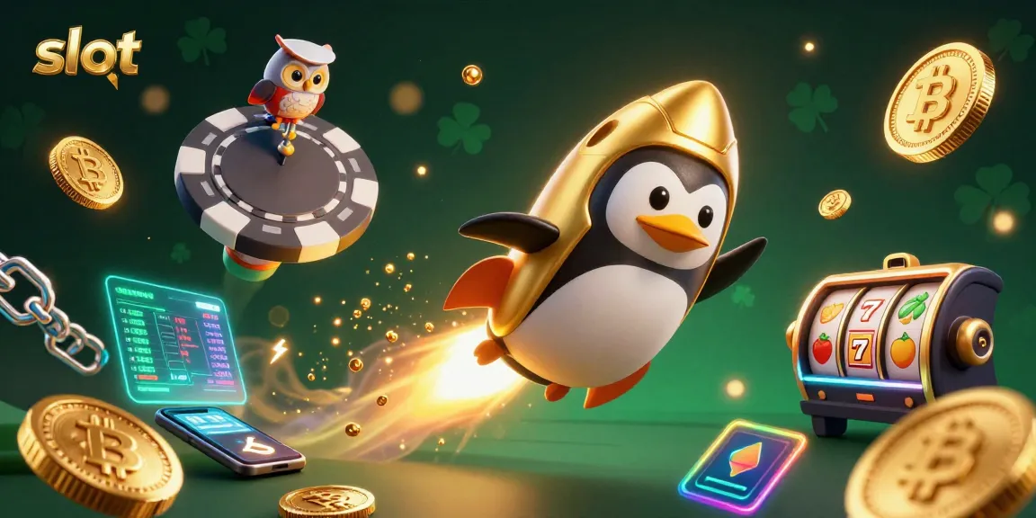 Spin the slot reels with a golden penguin as it journeys through a cosmic casino.