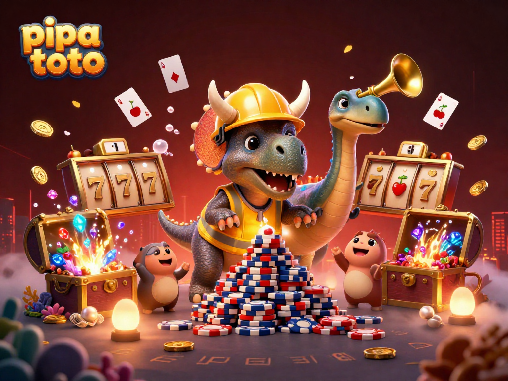 Engage with pipa toto featuring a cheerful triceratops building a poker chip pyramid amid dynamic gaming elements.
