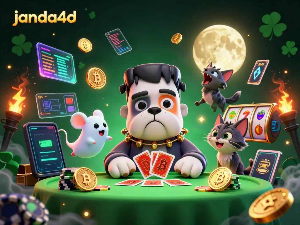 Permainan kartu oleh janda4d yang dikelilingi koin Bitcoin dan Ethereum di meja kasino yang spooky.
